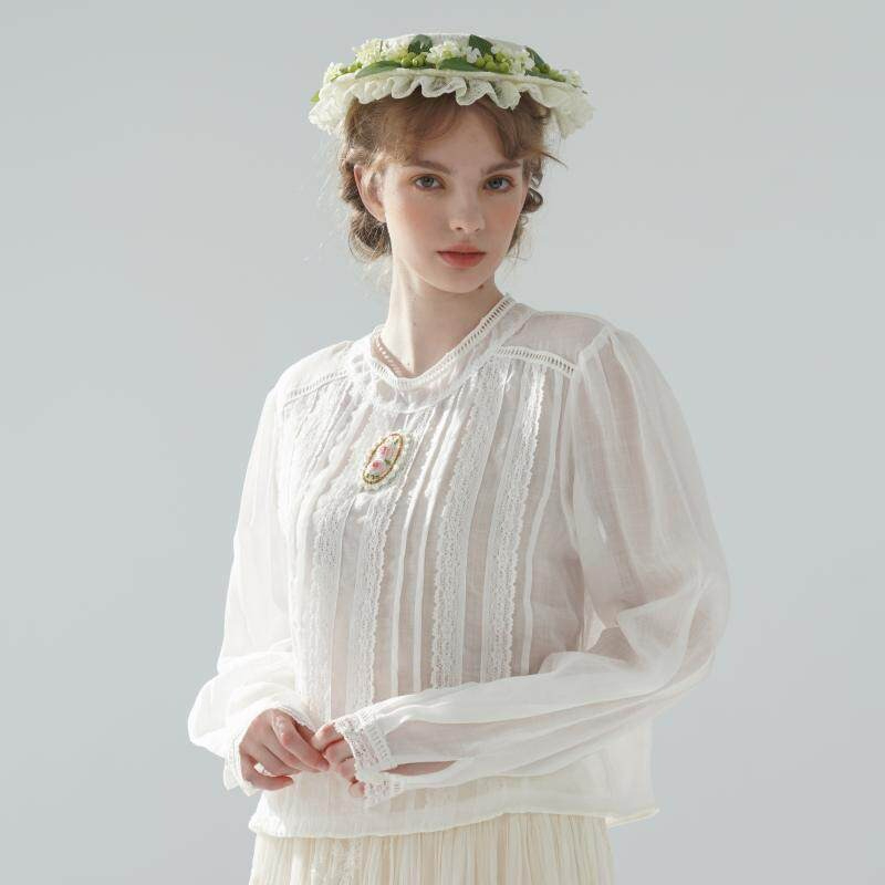 Embroidery Rose - 100cmBust 100%Ramie Thin White Blouse Women