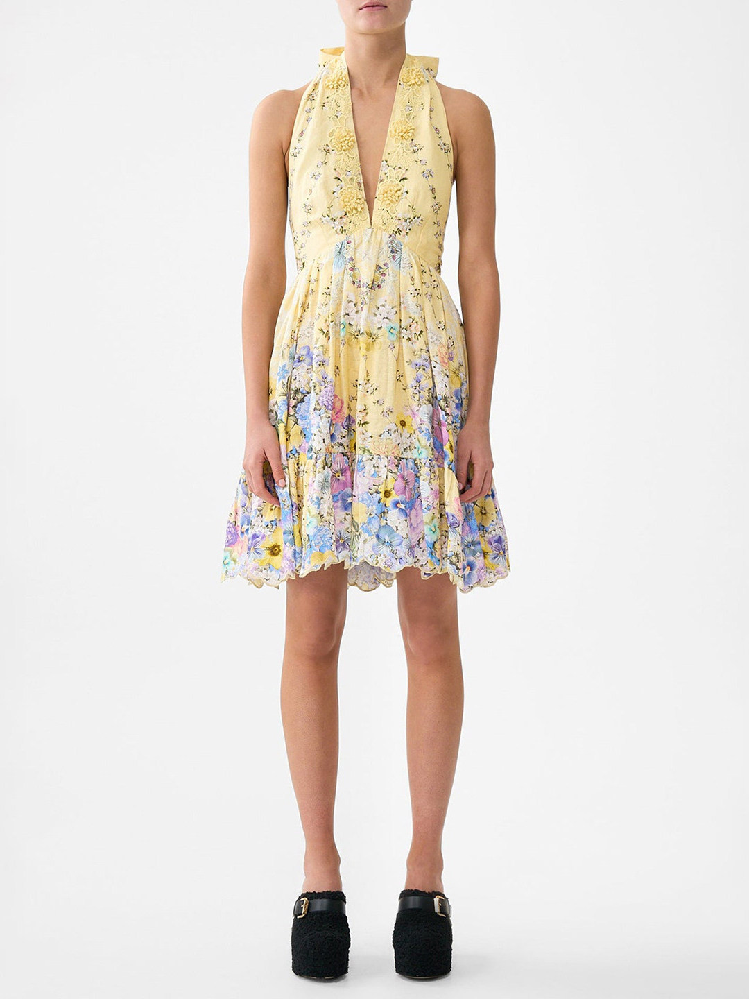 Embroidery Yellow Dress - Summer Vacation Style Yellow Floral Embroidery