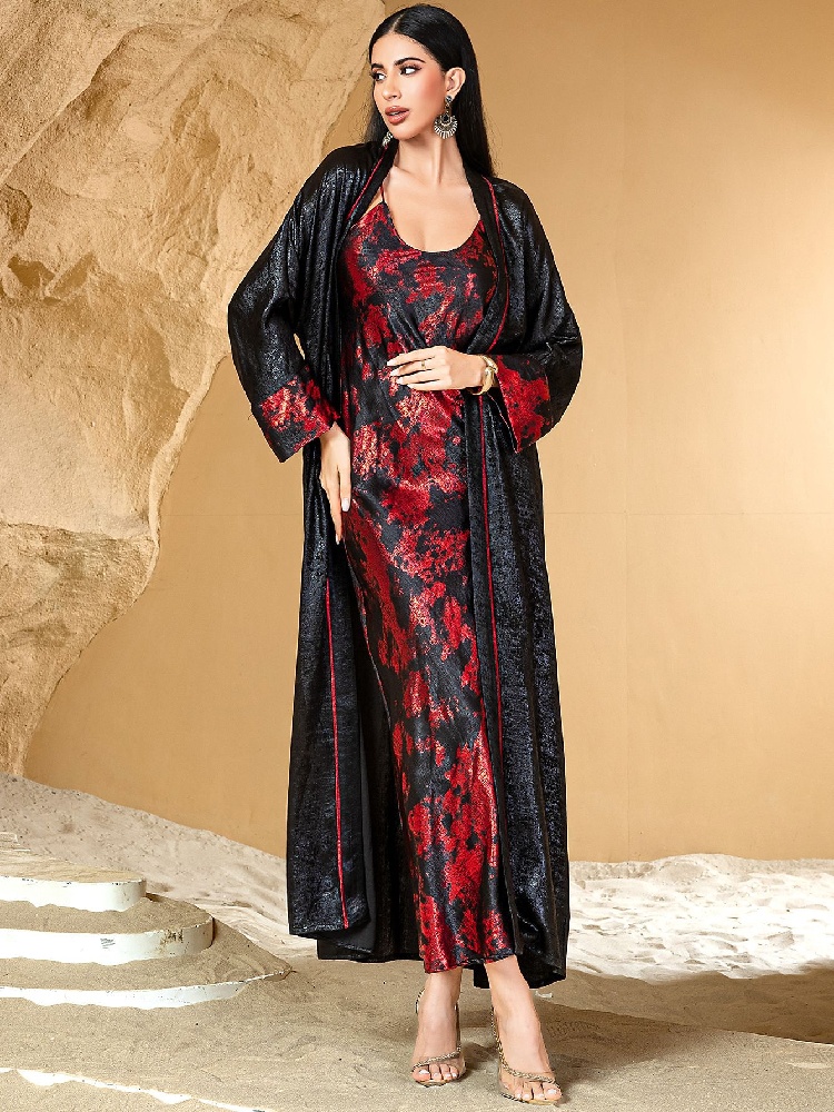 Black Red Open Kimono Abaya Da - đánh giá và giá Embroidery Kebaya