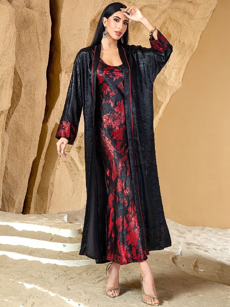 Black Red Open Kimono Abaya Da - đánh giá và giá Embroidery Kebaya