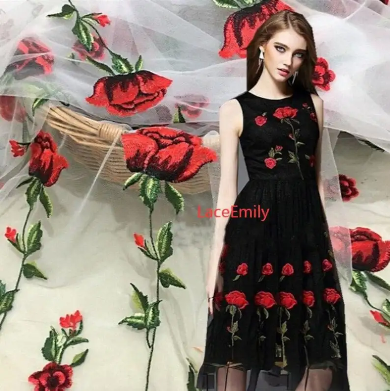 Red Rose Lace Fabric flower em - đánh giá và giá Embroidery Rose